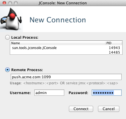 Screenshot of the New Connection dialog in JConsole. The dialog displays the choices "Local Process" and "Remote Process". "Remote Process" is selected. Beneath "Remote Process" is a field that contains the connection information for the remote process in the format hostname : port, and the fields Username and Password. The dialog has the buttons "Connect" and "Cancel".