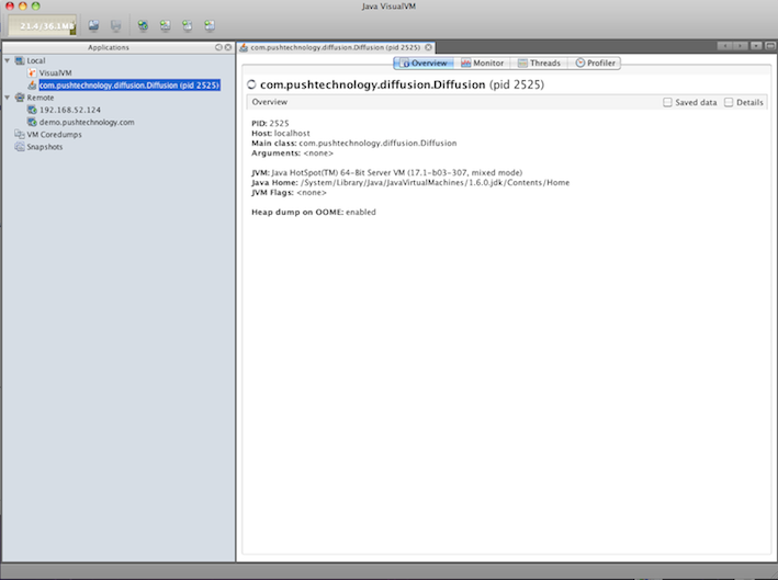 Screenshot of the Overview tab of Java Visual VM. The Overview tab shows the following information about the process: PID, Host, Main class, Arguments, JVM , Java Home, JVM flags, and heap dump on OOME.