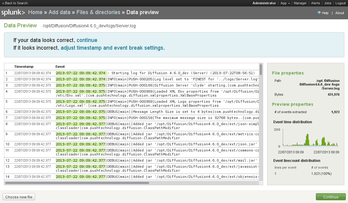 Screenshot of the Data Preview panel. The panel shows a table of the events in the log that has the following columns: Timestamp and event. The panel also shows a section that contains additional information: File properties — the name and size in bytes of the file; Preview properties — the number of event extracted and the distribution of those events. The panel has the buttons "Choose new file" and "Continue"