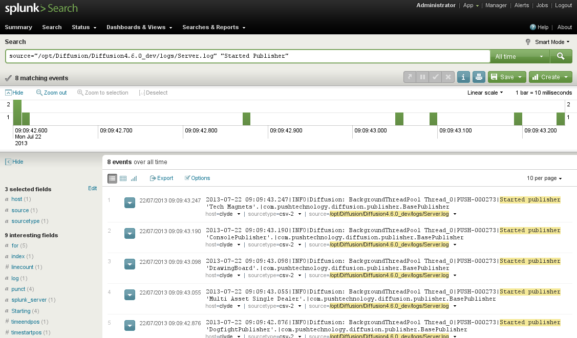 Screenshot of the Search panel. The panel displays a search bar that contains the value searched for. The events that match the search are shown both in a graph that locates them according to their timestamps and in a list form.