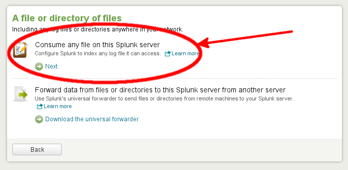 The "A file or directory of files" dialog. The following options are shown: "Consume any file on this Splunk server" and "Forward data from files or directories to this Splunk server from another server". The "Consume any file on this Splunk server" option is highlighted.