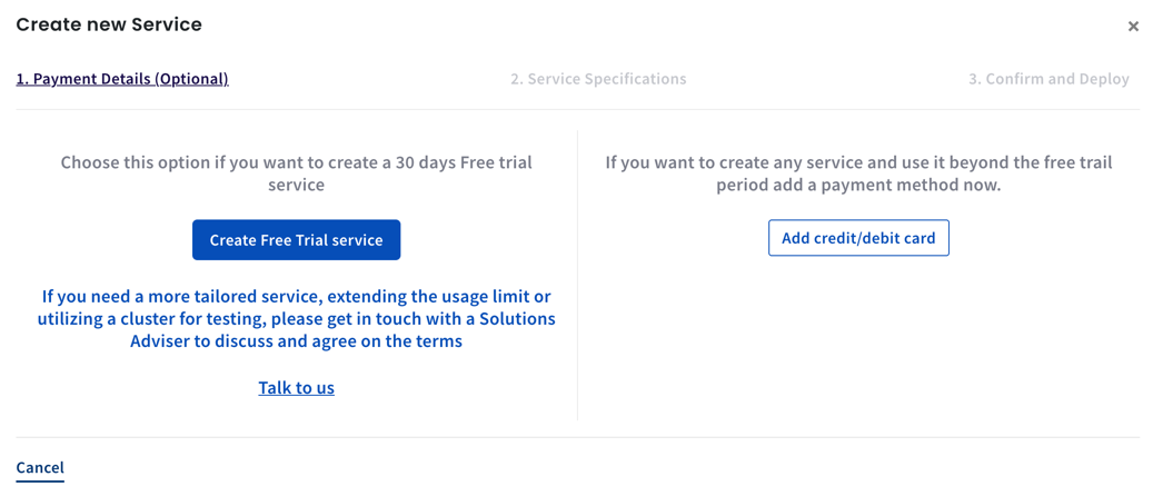 cloud new service modal